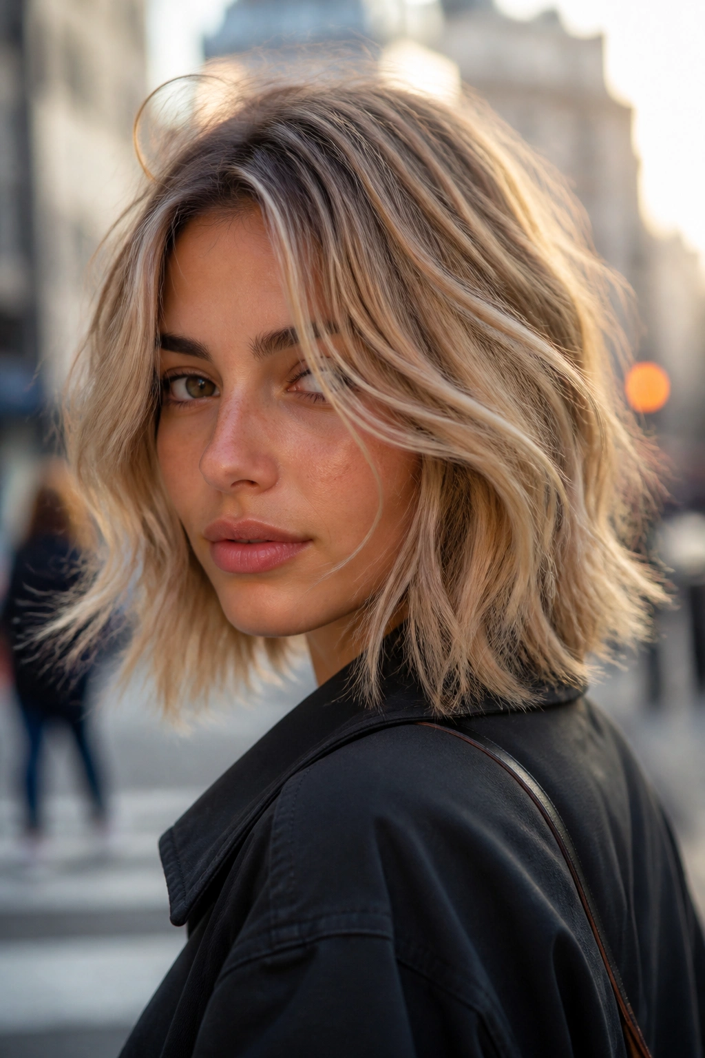 Close-up portrait of a real woman with a choppy textured lob
