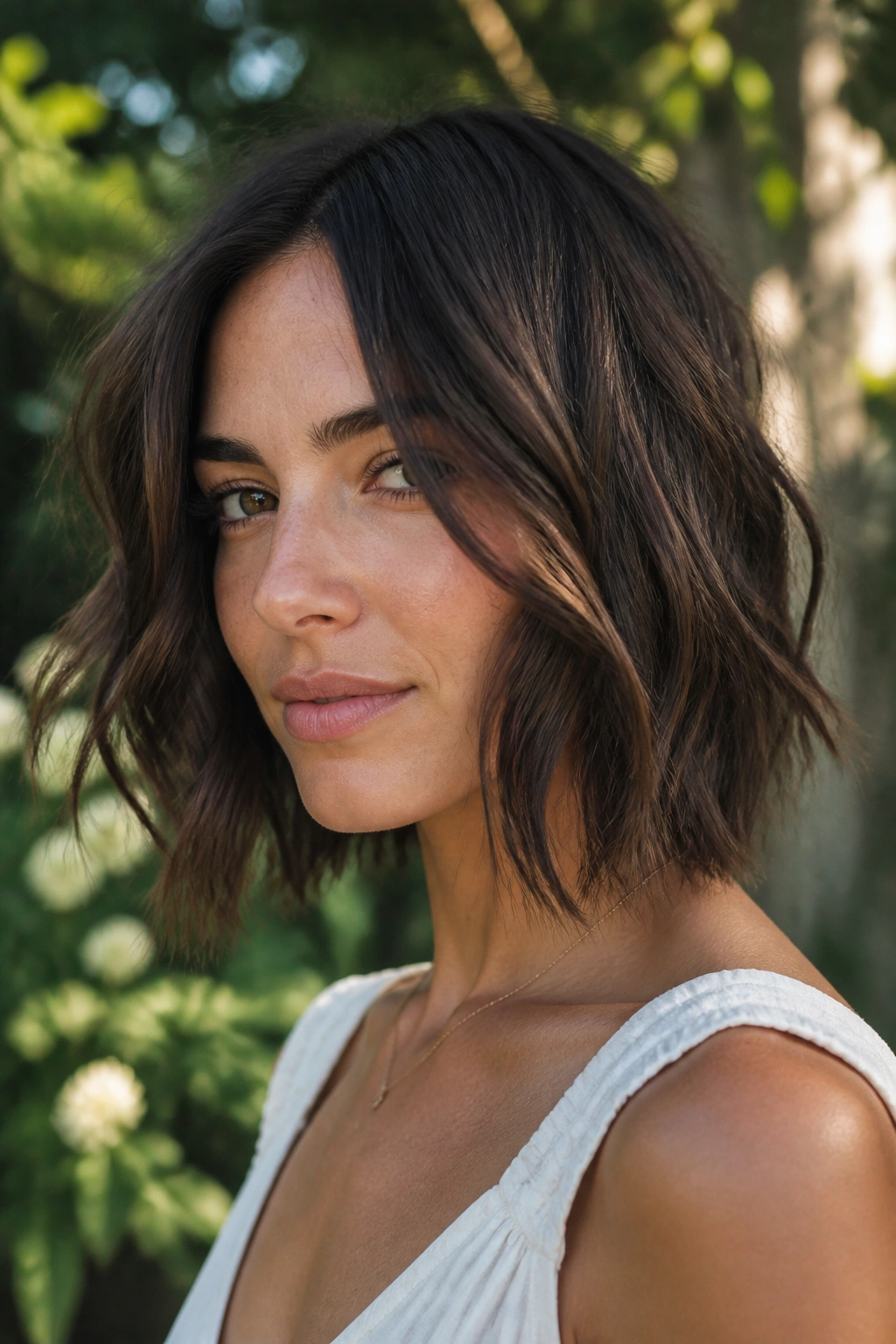 Portrait of a woman with choppy textured lob and piecey ends