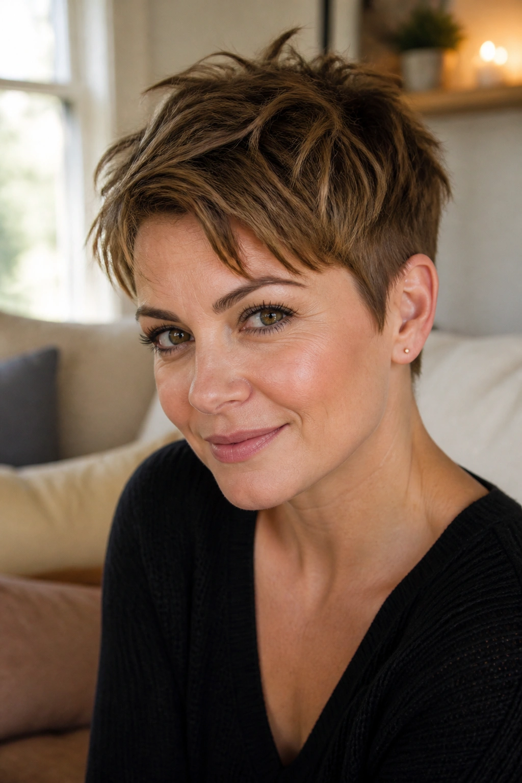 Close-up of a real woman with a choppy textured pixie.