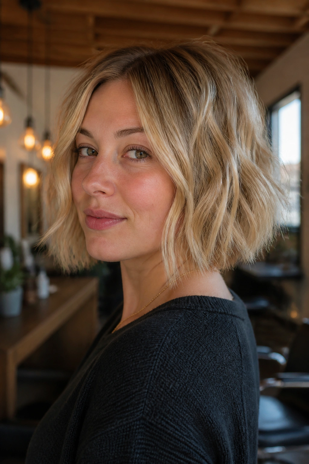 Close-up of a real woman with a choppy wavy bob and piecey ends in warm salon light