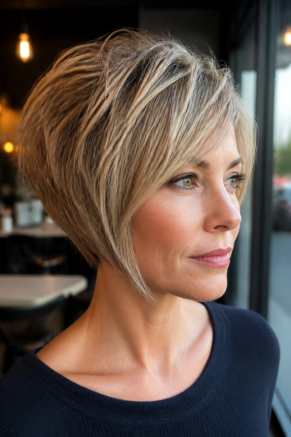 Real woman with a choppy wedge bob showing back lift and front taper.