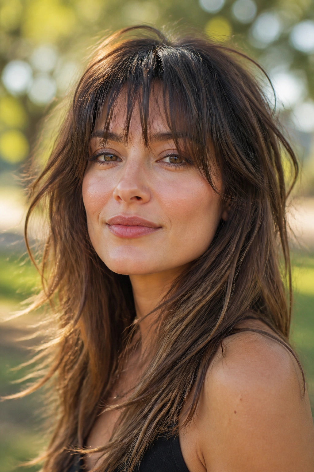 Close-up portrait of a real woman with choppy wispy bangs and long layers in a sunny park