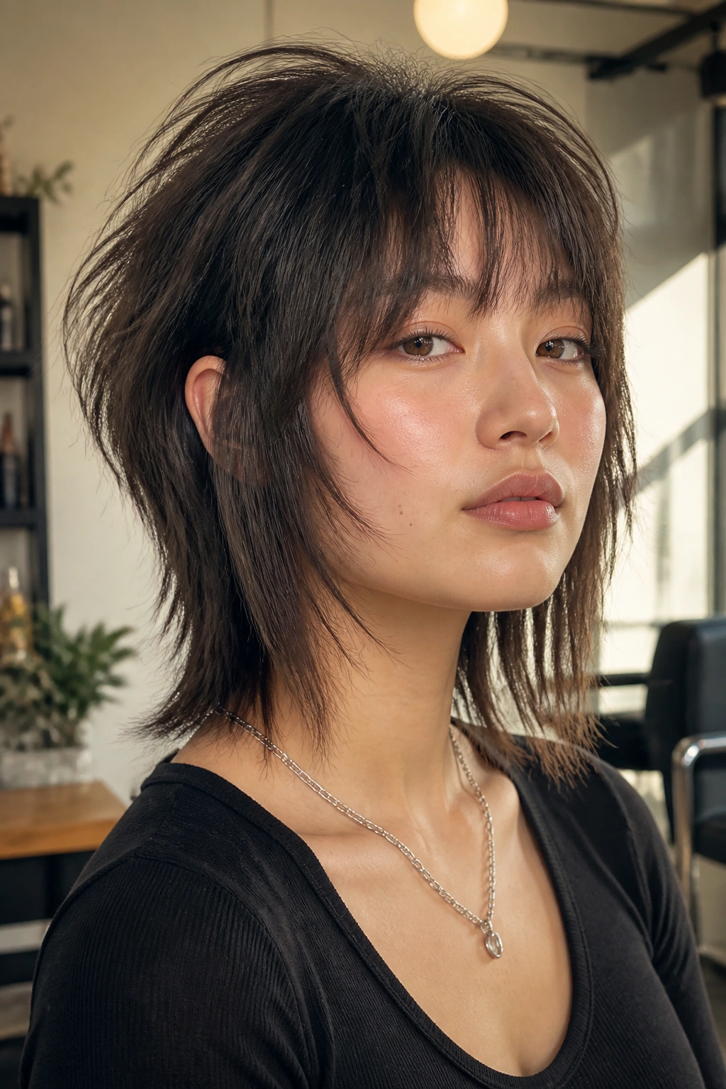 Close-up of a real person with a choppy wolf cut and angled ends.