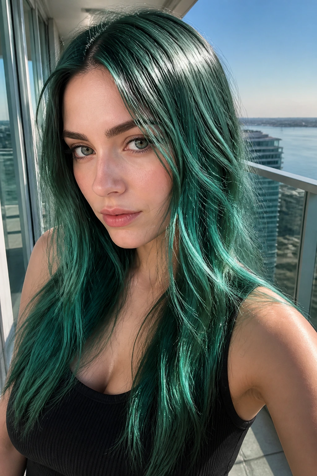 Close-up portrait of a real person with chrome emerald hair and silver finish