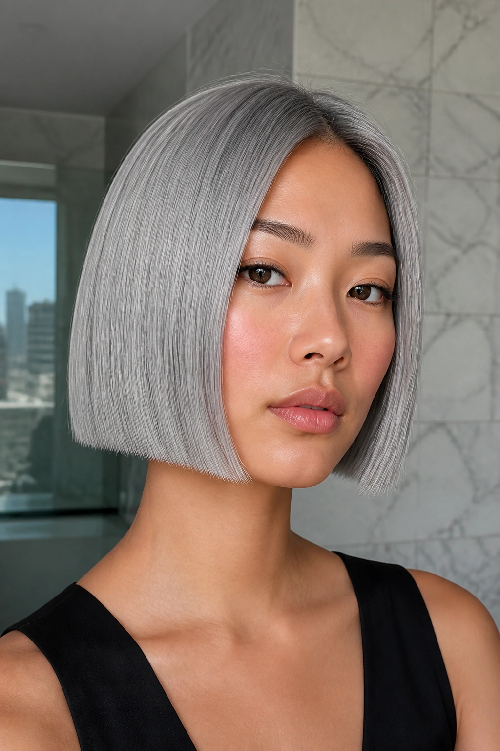 Close-up of a real woman with chrome-silver blunt bob below the jaw