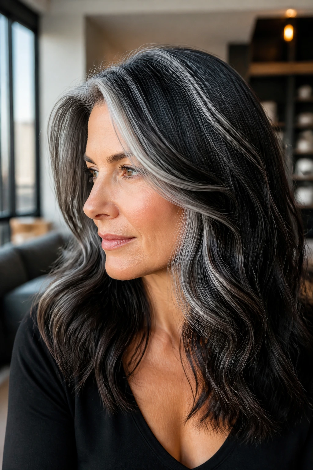 Close-up of a real person with chrome silver highlights on dark hair