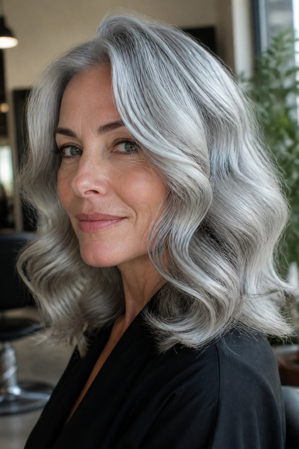 Close-up of real person with chrome silver waves in a salon