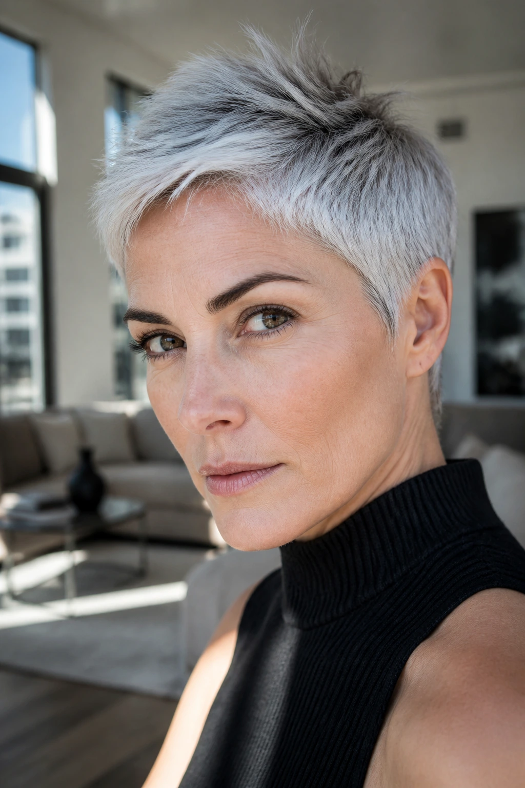 Close-up portrait of a real person with chromed silver pixie and dark brows