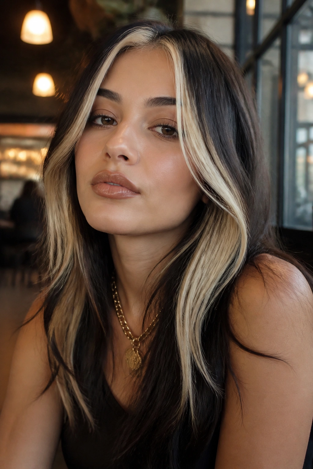 Close-up of a real person with chunky 90s front streaks in hair.