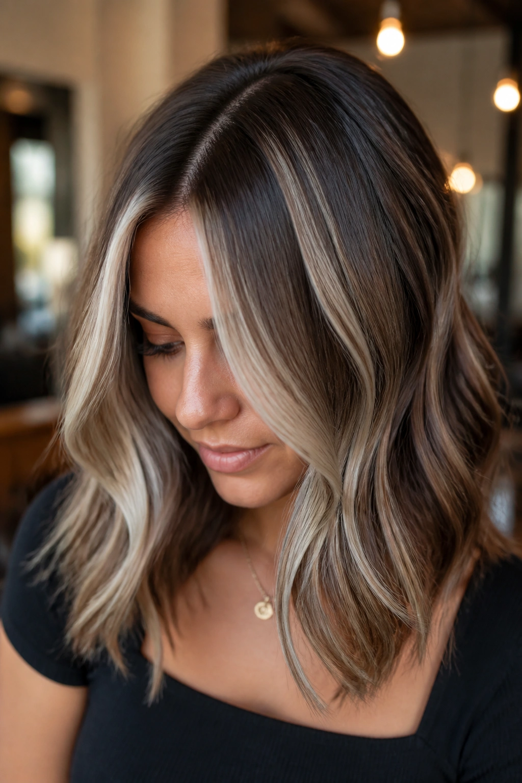 Portrait of a woman with chunky ash highlights on brown hair.