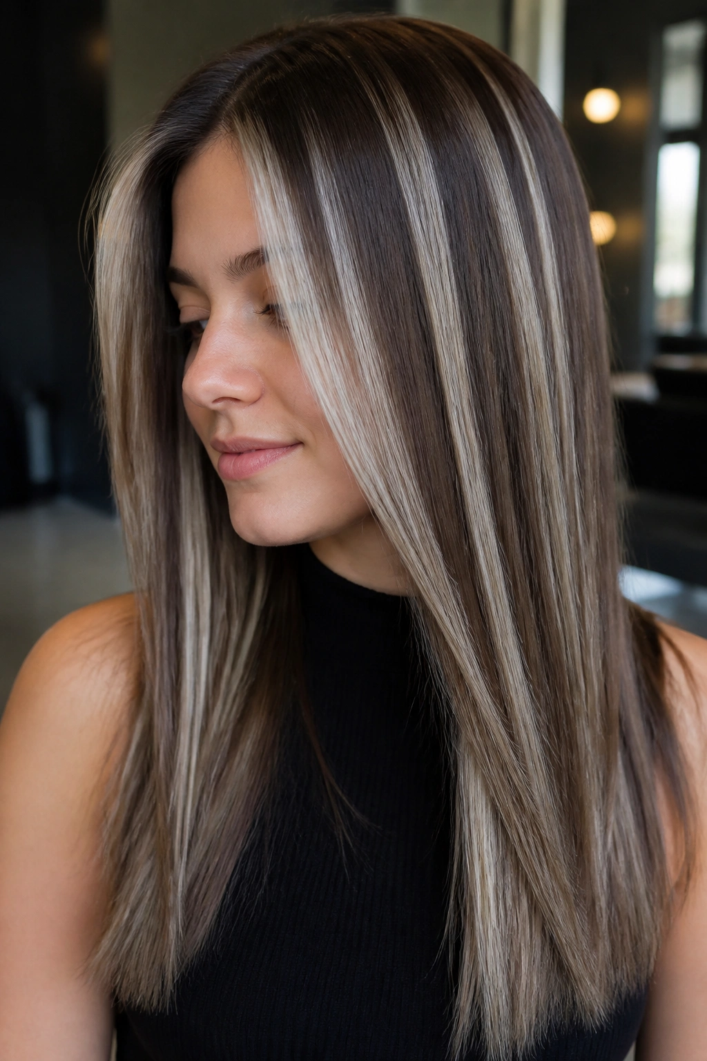 Close-up portrait of a real person with chunky ash streaks on straight brown hair