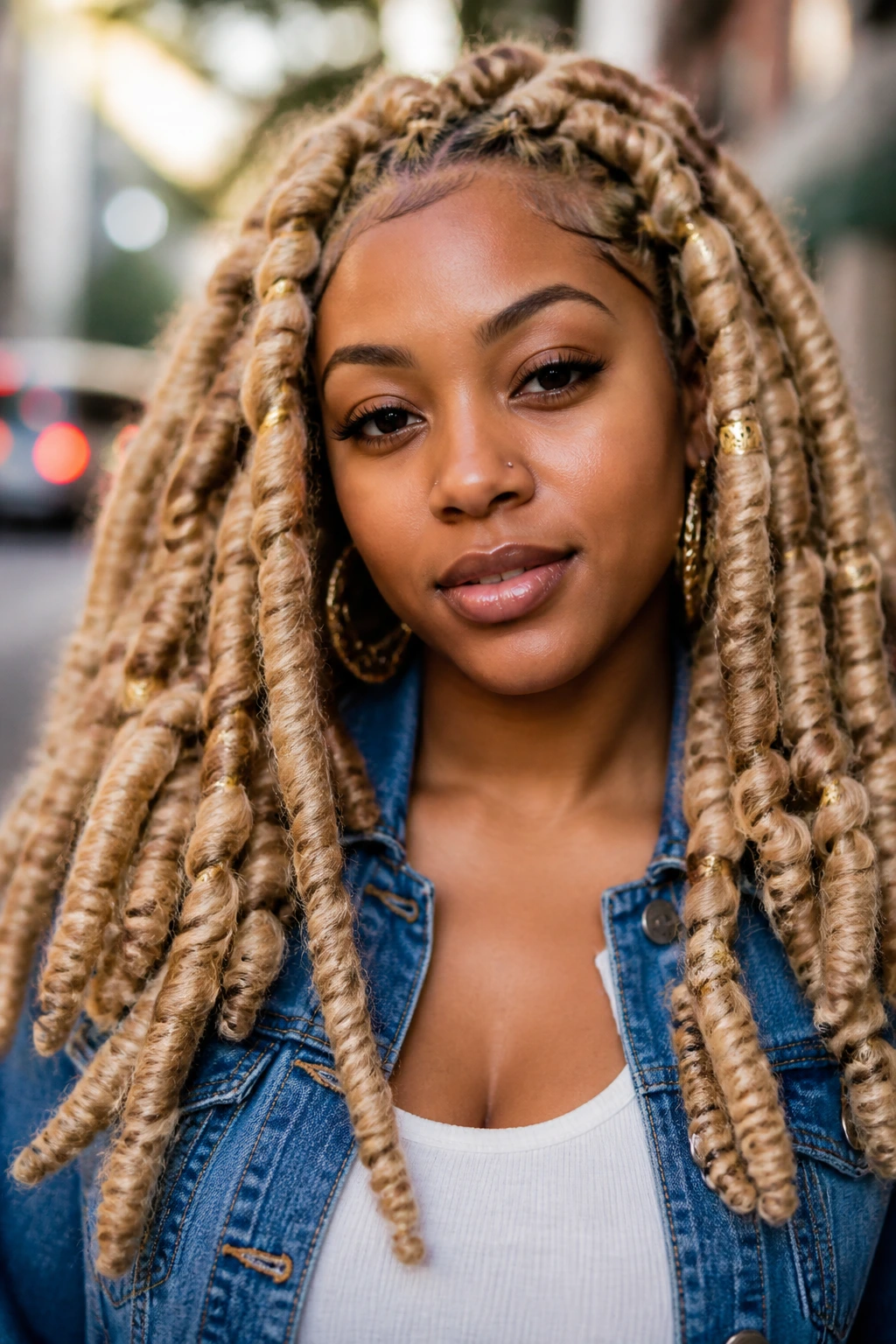 Close-up of a Black woman with chunky blonde goddess locs in outdoor setting