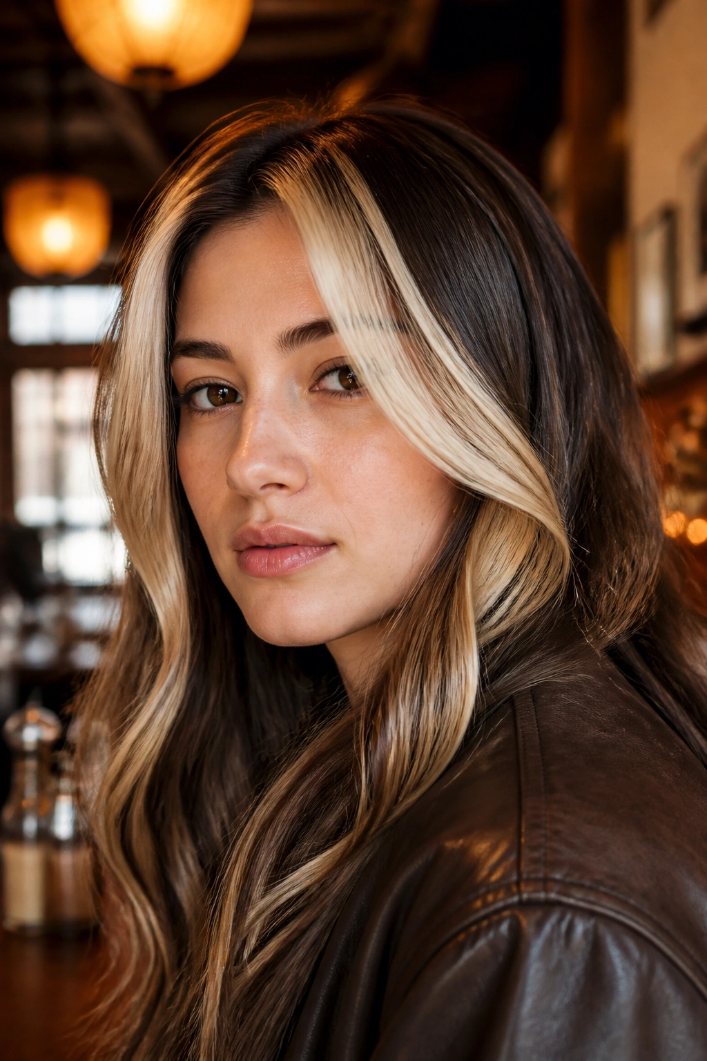 Close-up of a real woman with chunky blonde panels on brown hair in warm retro setting.