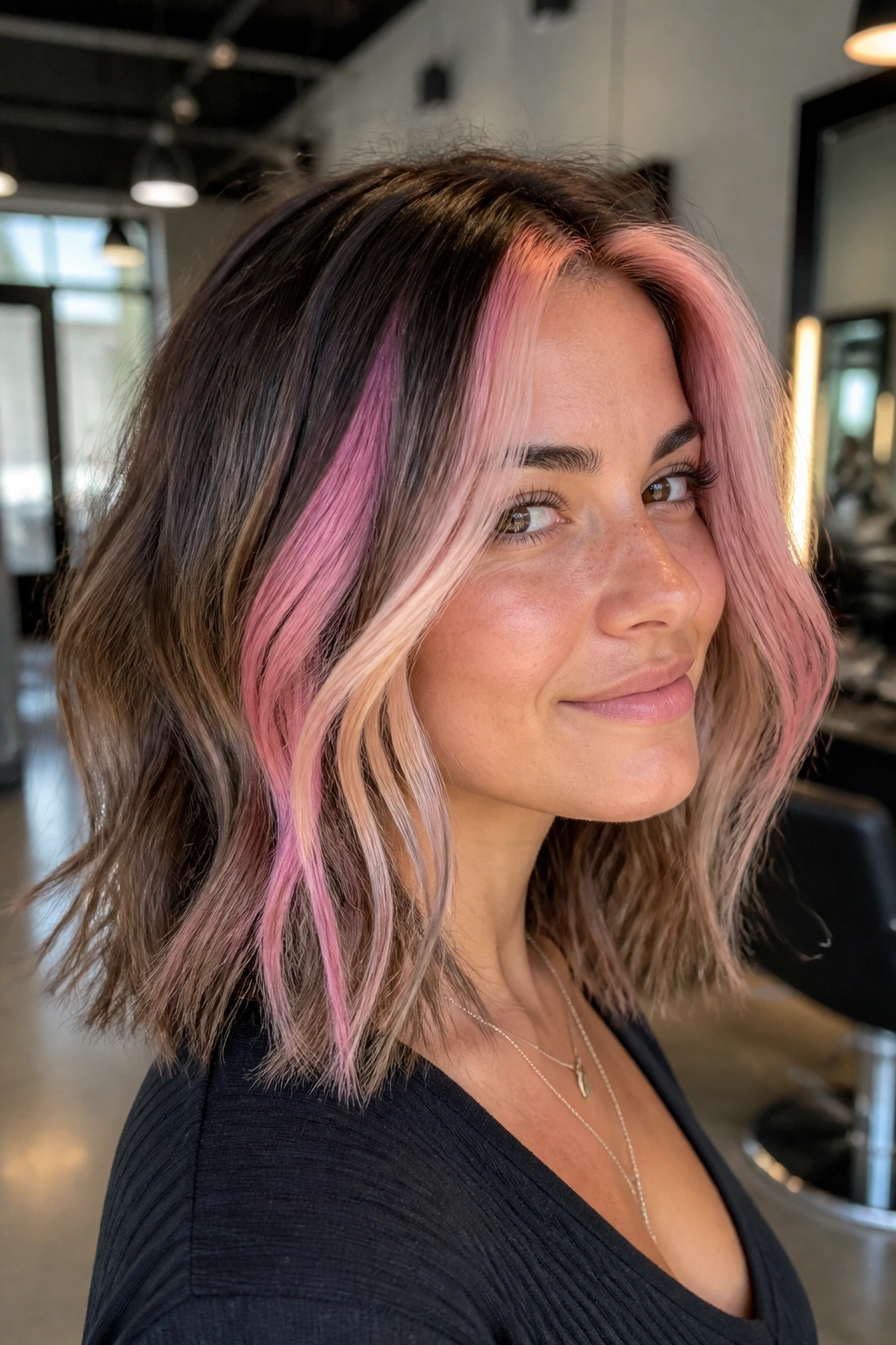 Close-up of a real woman with chunky blonde and pink streaks in shoulder-length hair in a modern salon setting.