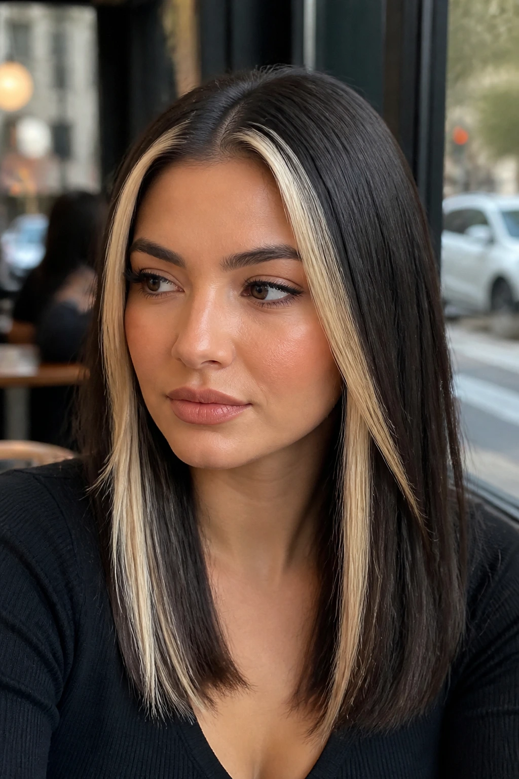 Close-up of a real woman with straight hair and chunky blonde streaks near the temples