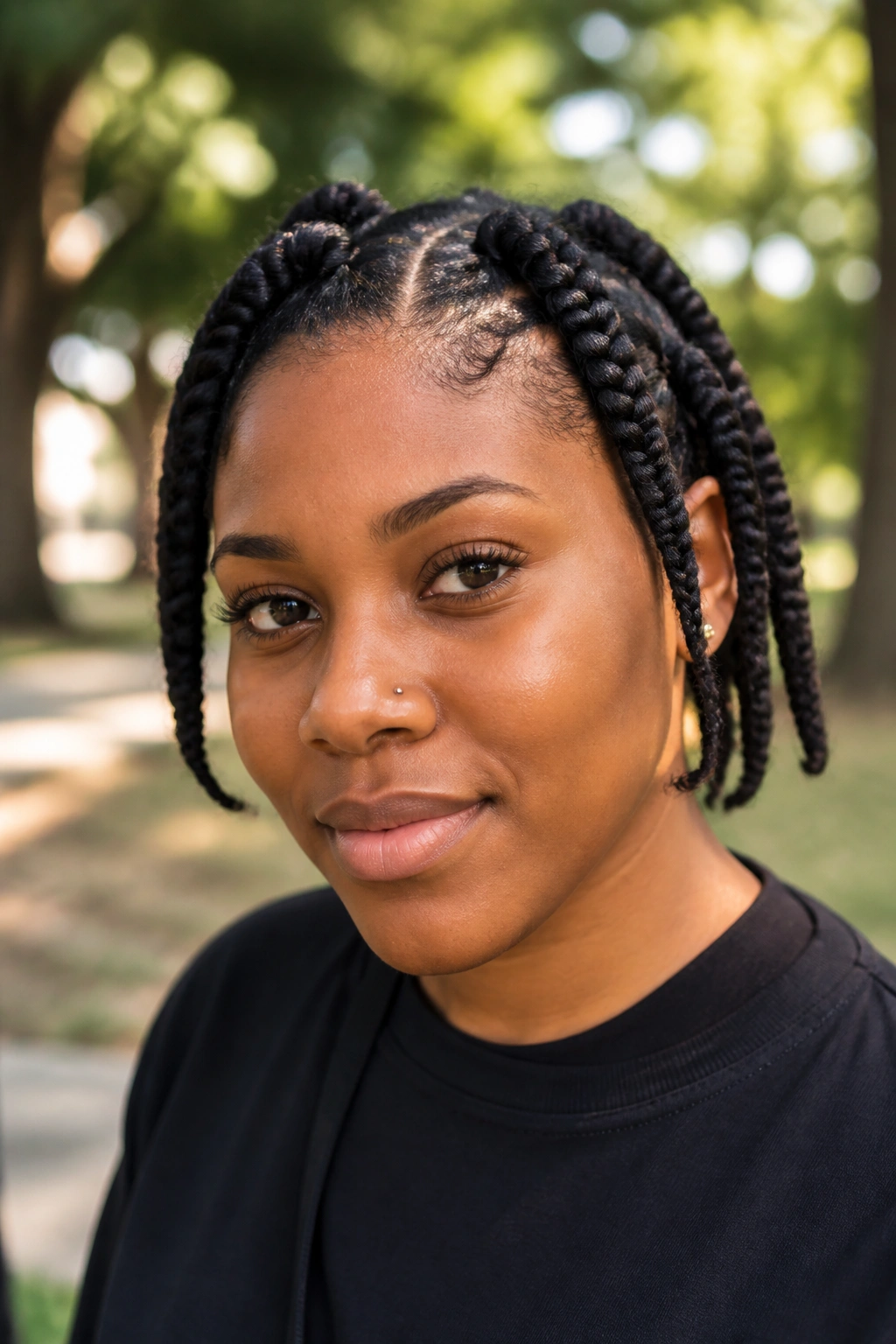 Close-up of chunky braids on short 4C hair worn by real person
