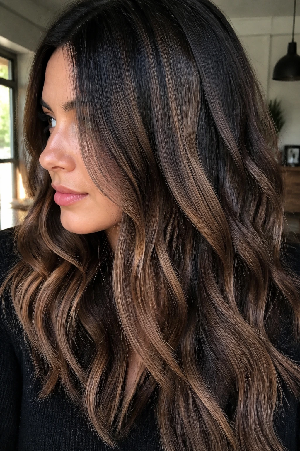 Close-up of brunette with chunky brown ribbons visible through mid-lengths