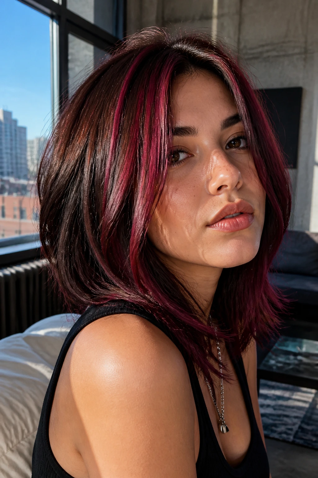 Real woman with chunky burgundy streaks in brown hair under bright daylight