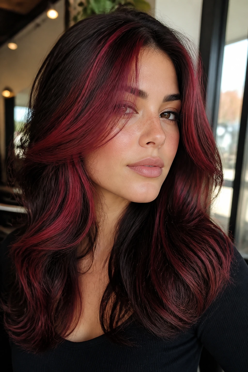 Close-up portrait of a woman with chunky burgundy streaks in brown hair