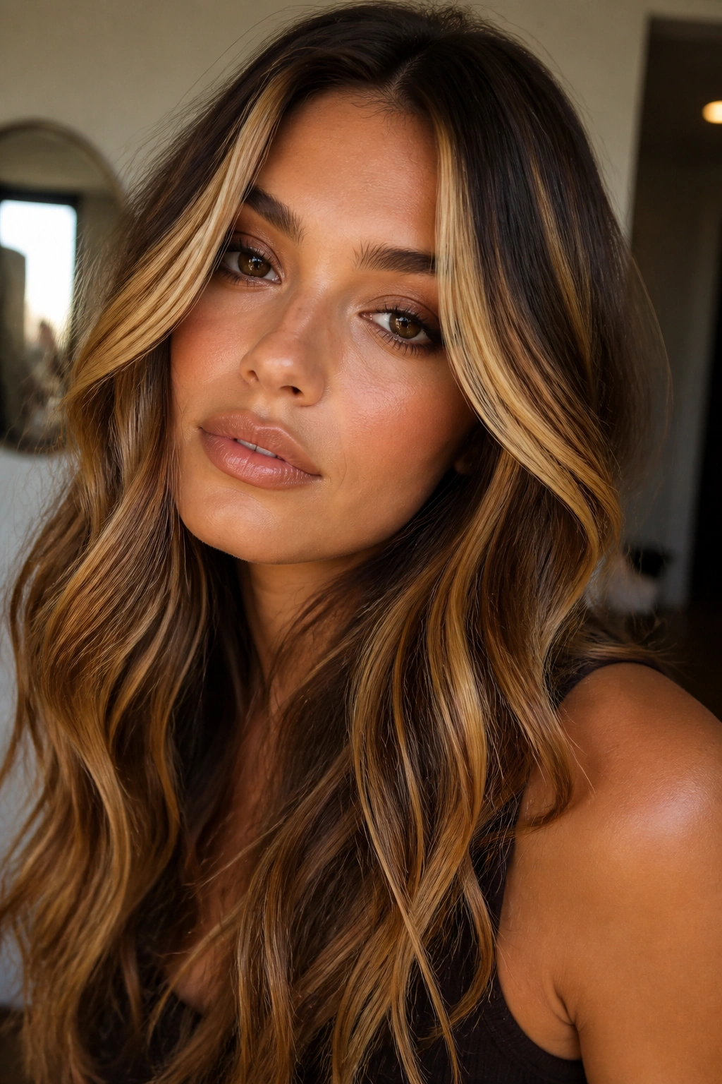 Close-up of a real woman with chunky caramel highlights and a 90s edge on brown hair