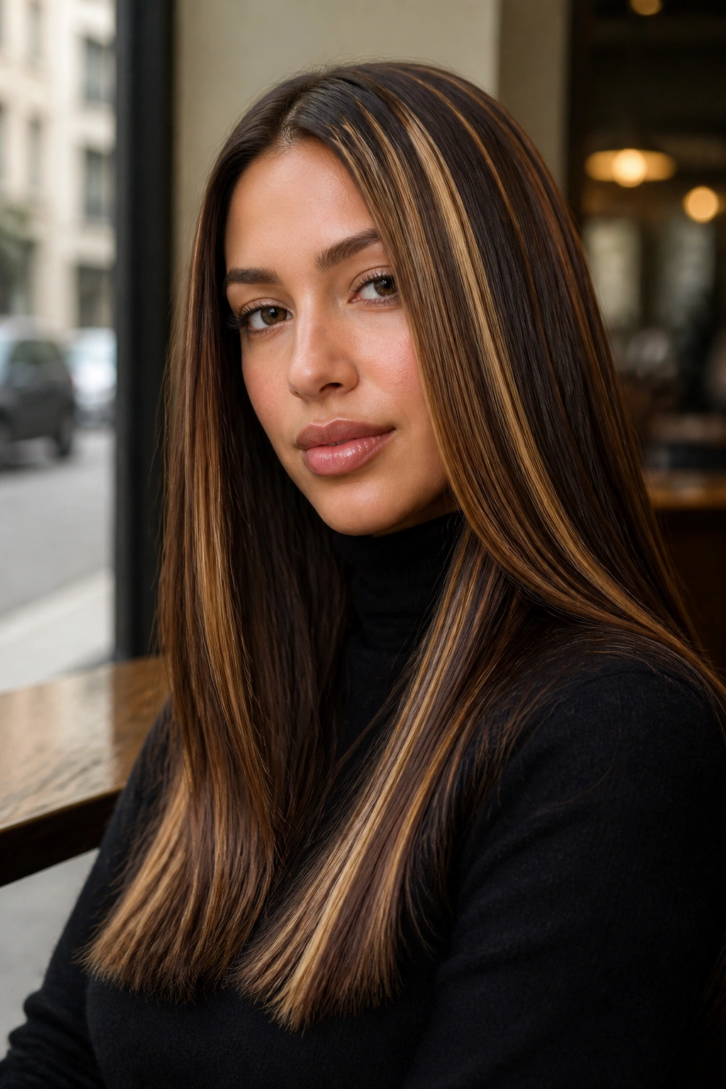 Close-up portrait of a real woman showing chunky 90s caramel highlights in long blunt-cut hair by a cafe window