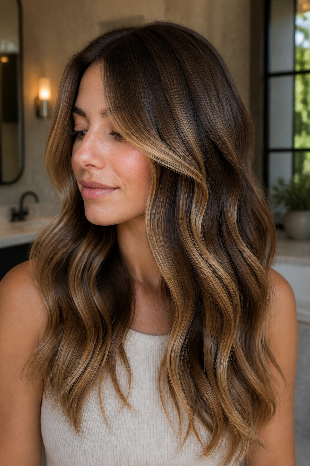 Close-up of a real woman with chunky caramel panels and soft edges in warm light.