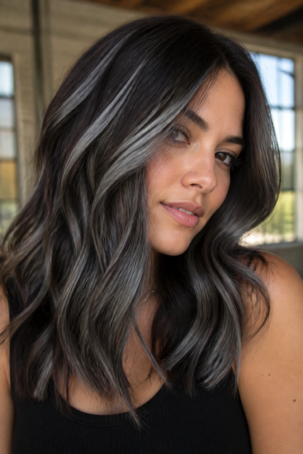 Close-up of a real woman with chunky charcoal ribbons through brown hair