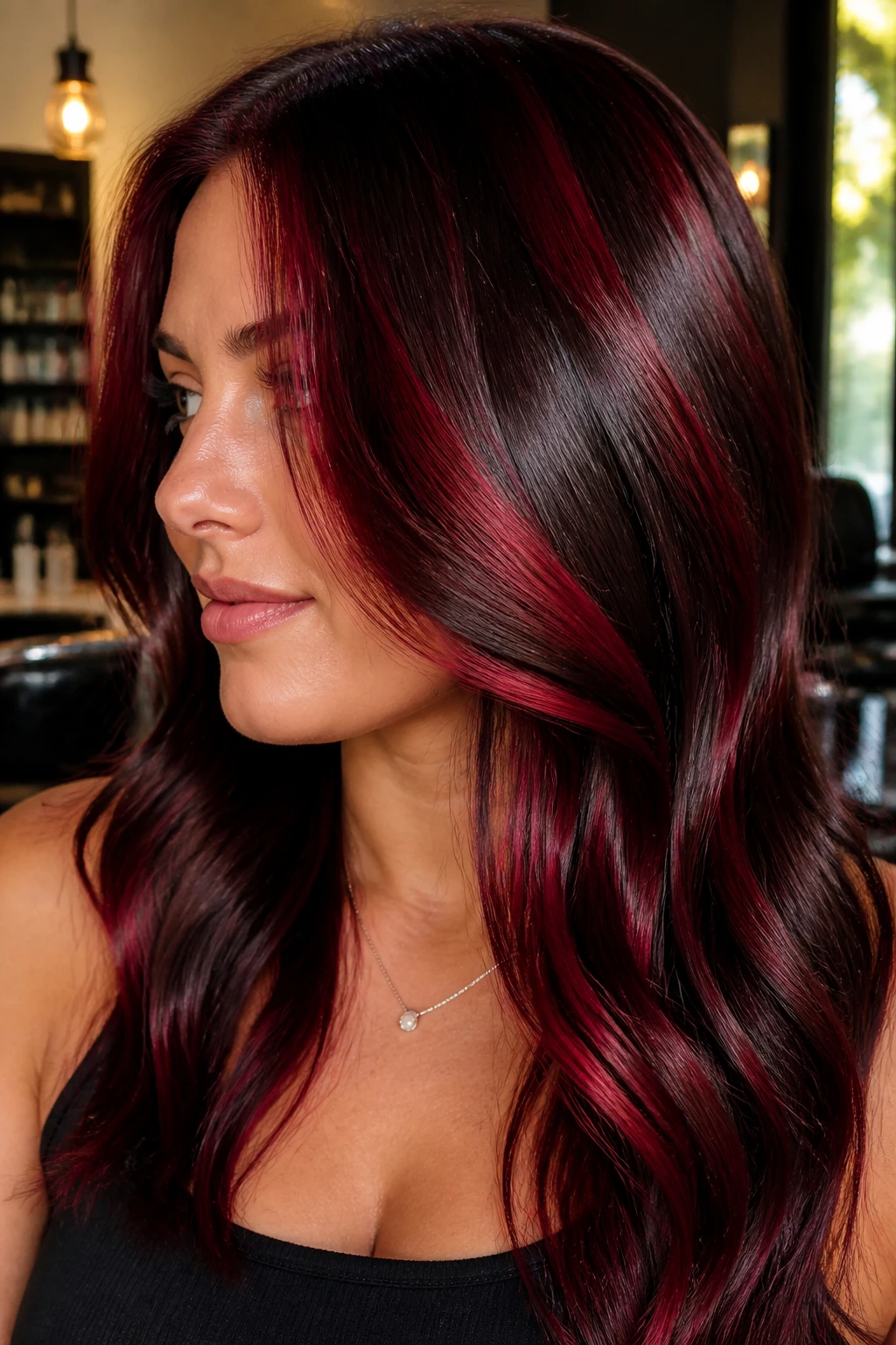 Close-up portrait of a real woman with chunky cherry-red streaks in dark brown hair