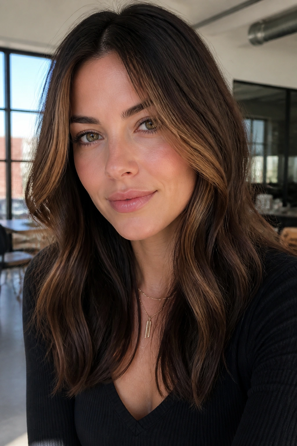 Close-up of a real woman with chunky chestnut face-framing color