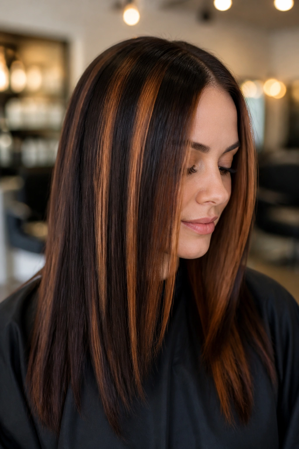 Real woman with chunky chestnut streaks on dark brown hair