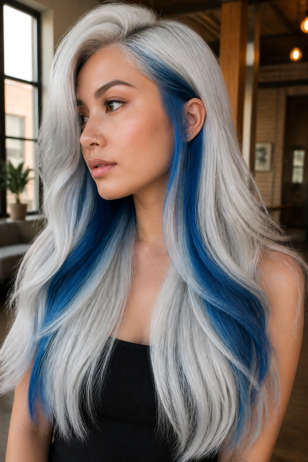 Real woman with chunky blue contour blocks in white ombre hair