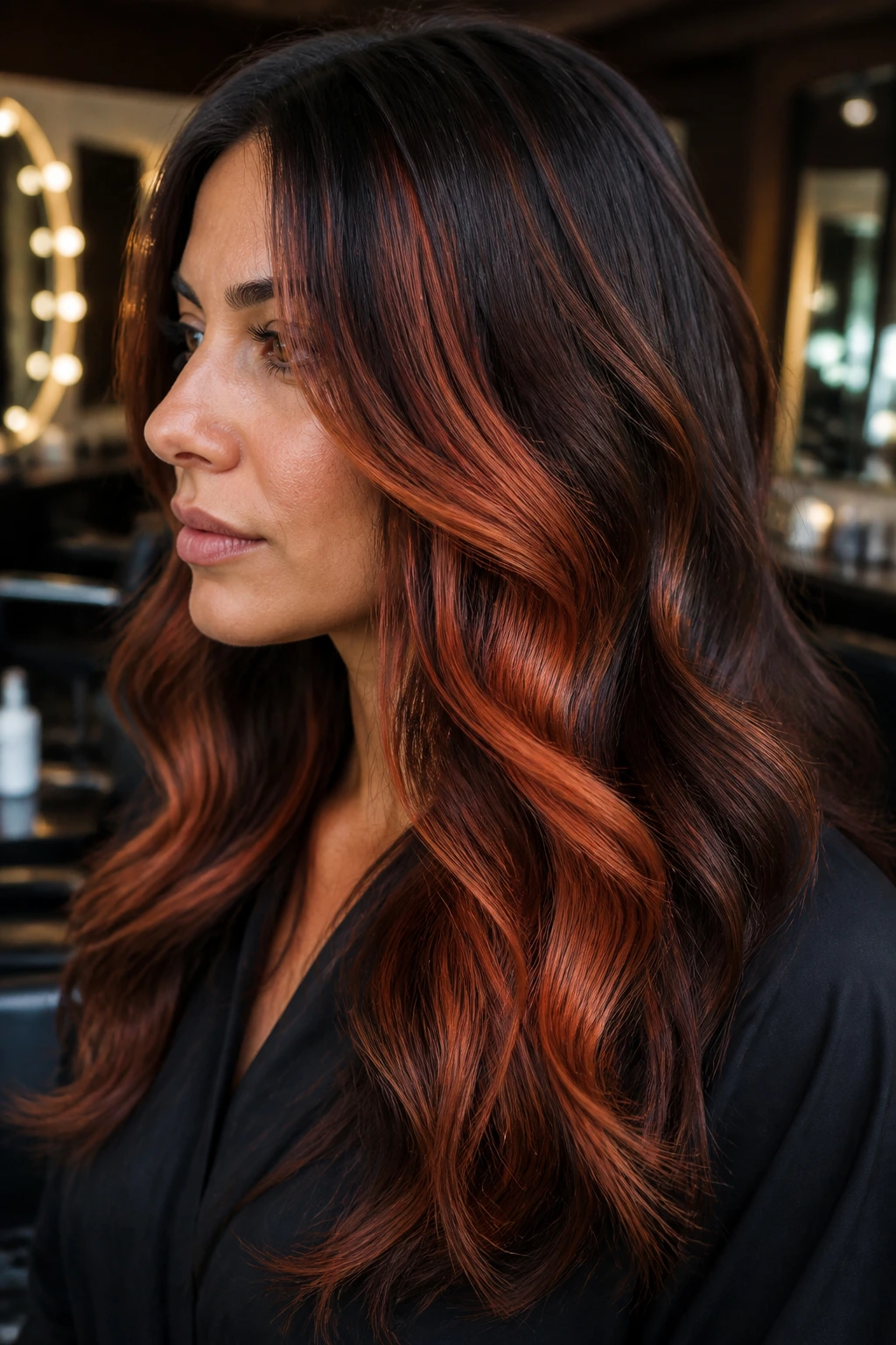 Close-up of a real woman with chunky copper panels in layered brunette hair.