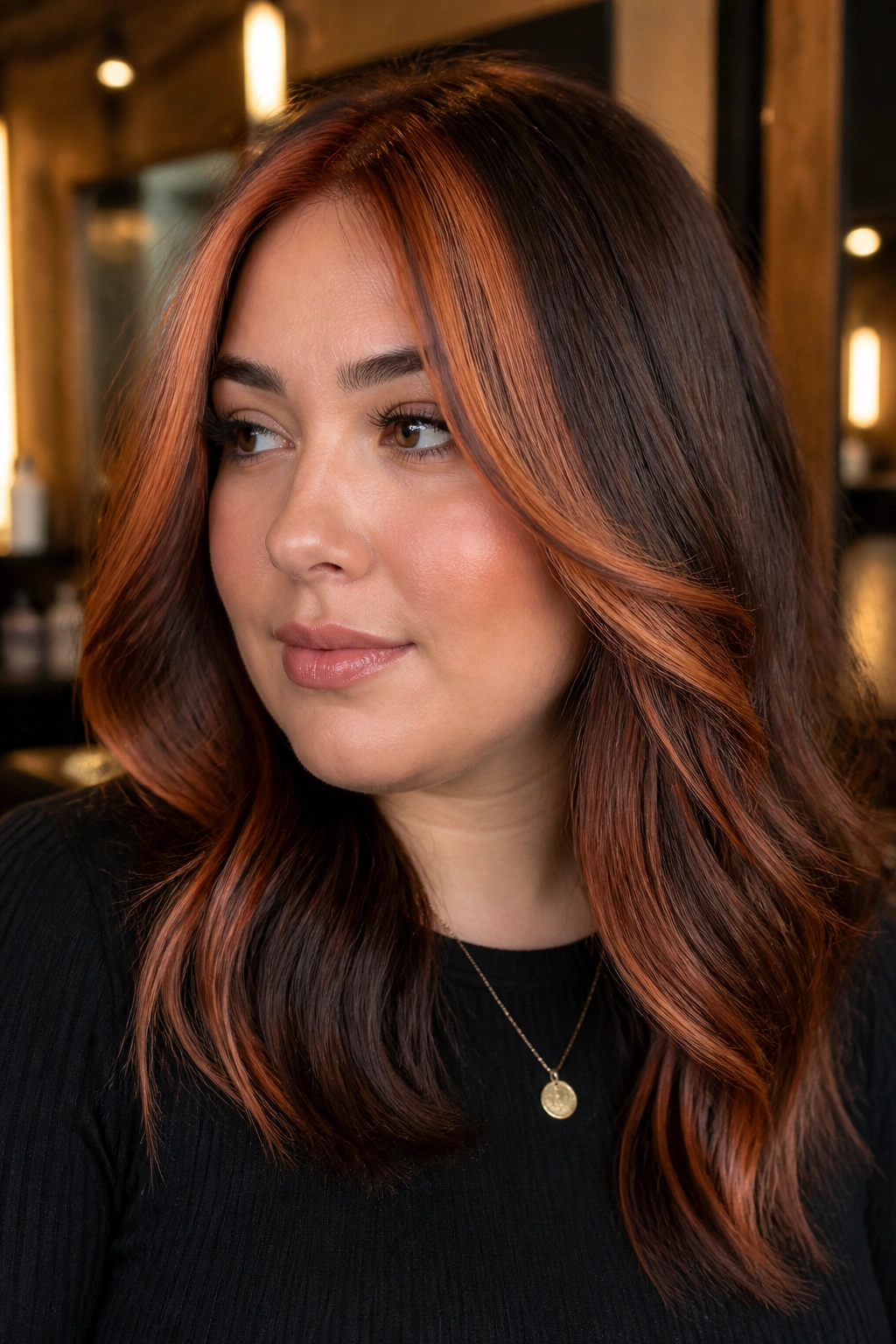 Close-up of a real woman showcasing chunky copper panels at the front for a bold frame
