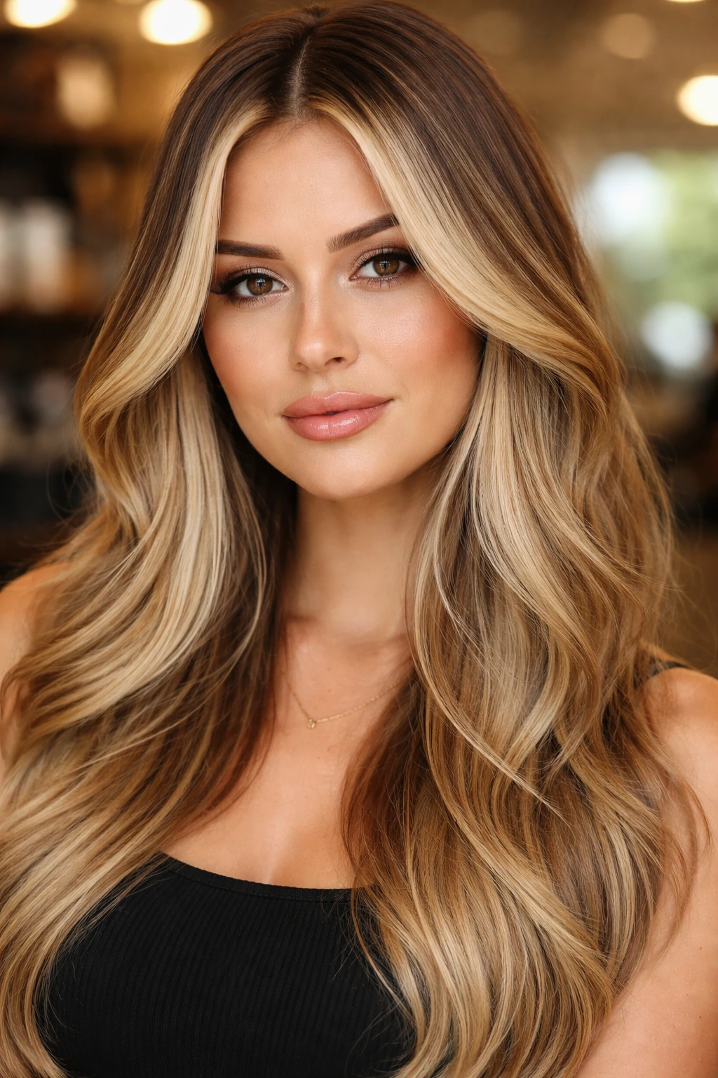 Close-up of a real woman showing chunky front panels with blended edges for face-framing color.
