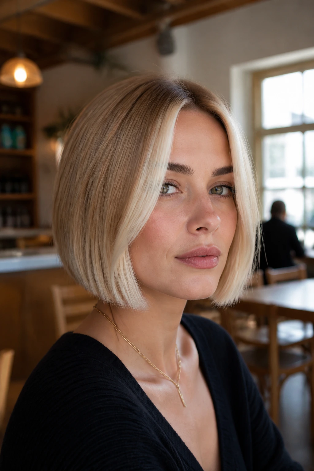 Close-up of a real woman with a blunt blonde bob and chunky front panels.