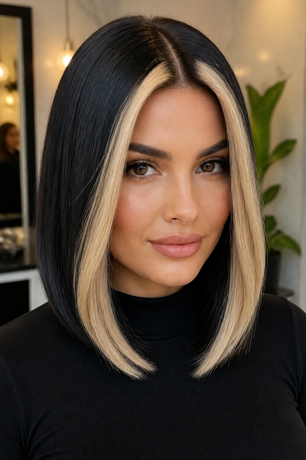 Close-up of chunky front panels with a deep center part on a real person