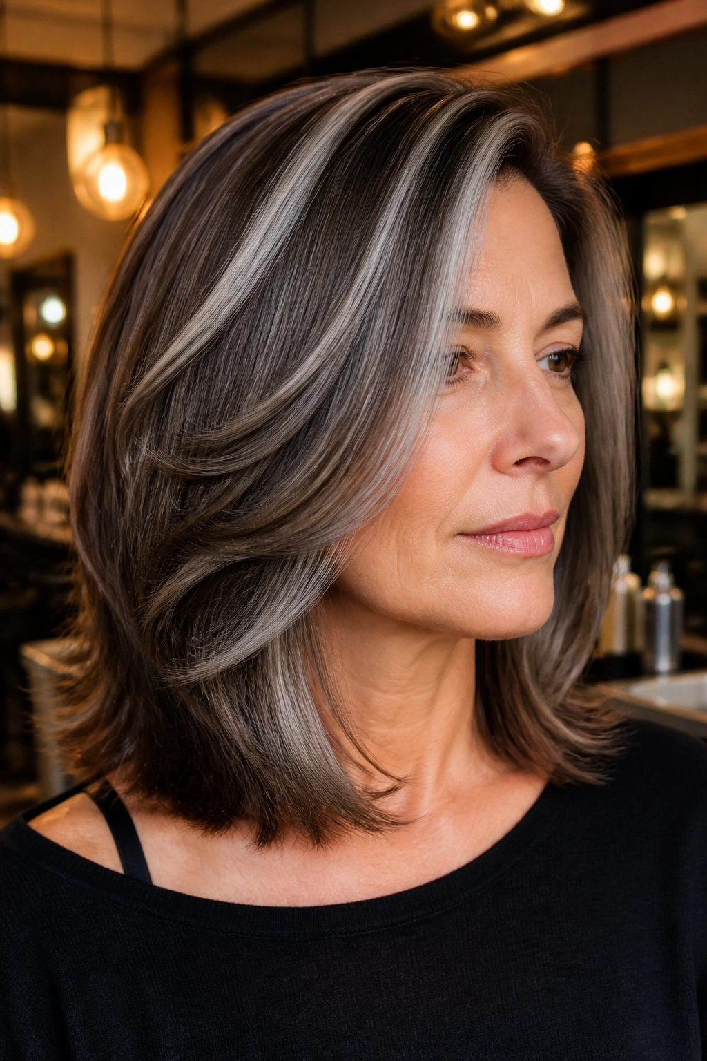 Close-up of a real woman showing chunky grey highlights on brown hair.