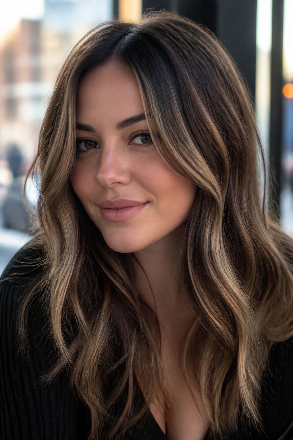 Close-up of a real person with chunky highlights placed vertically for a bold look