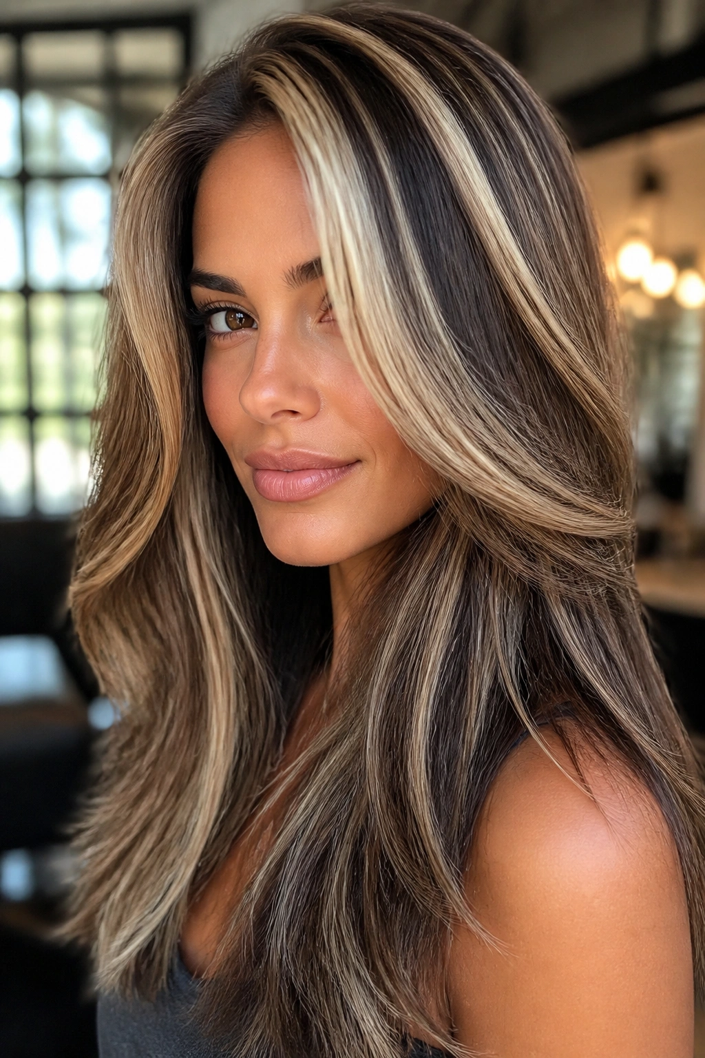 Close-up of a real woman's head showing chunky 90s contrast highlights on brown hair in a salon.
