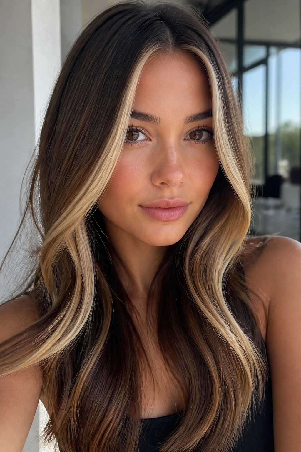 Close-up portrait of a real woman with chunky blond ribbons in brown hair.