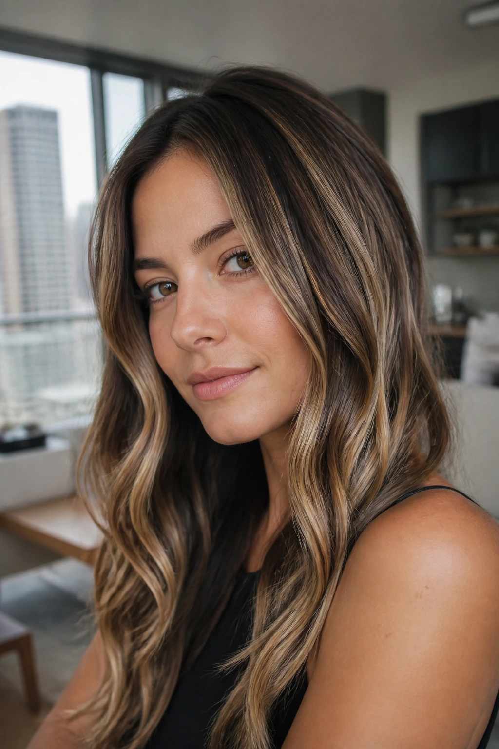 Woman with controlled chunky highlights mid-length to ends