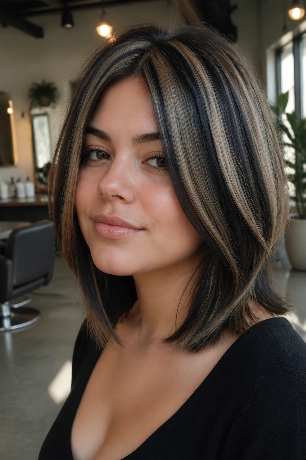Close-up of a real person with chunky black highlights and a retro edge in a salon