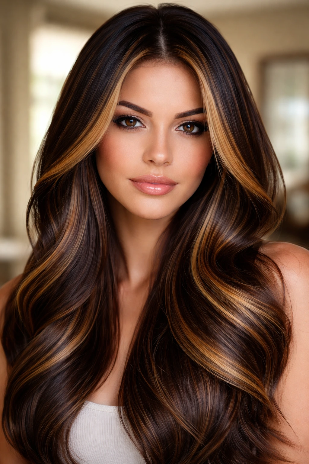 Portrait of a real woman with chunky honey highlights on dark brown hair