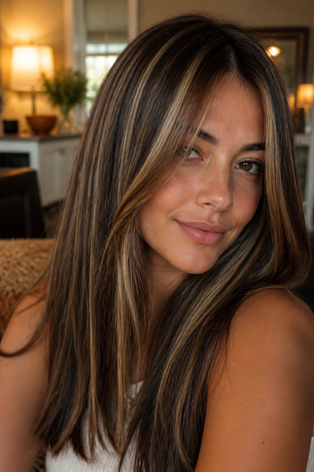Close-up of a real woman with chunky honey highlights in straight hair