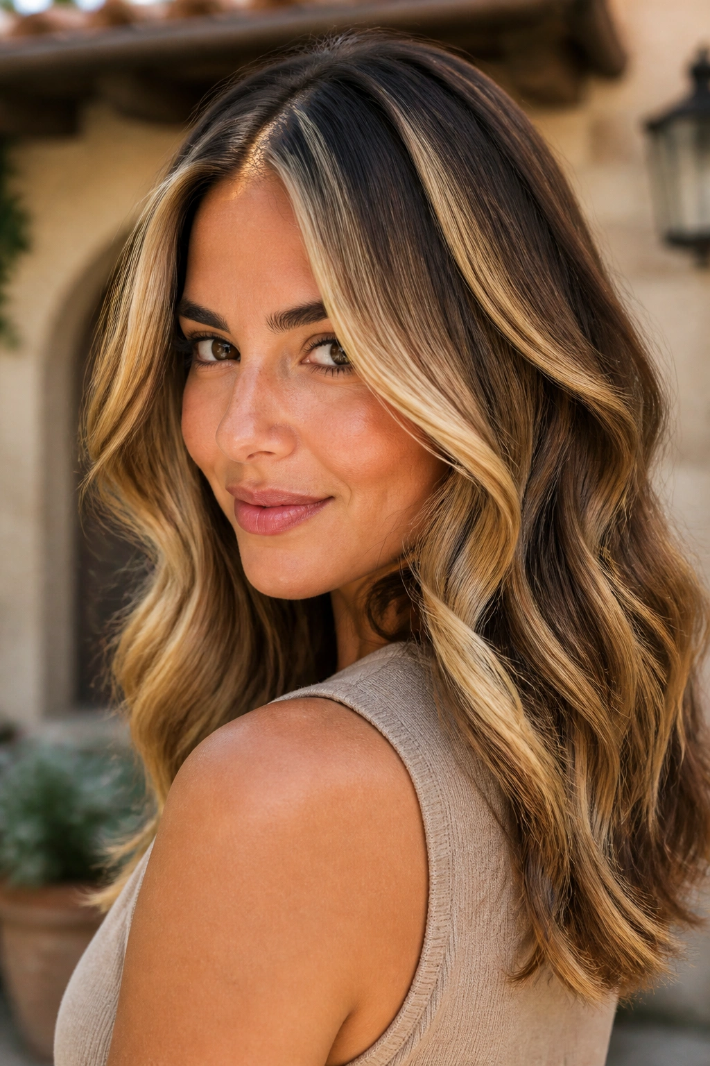 Close-up of chunky honey blonde ribbons in brown hair