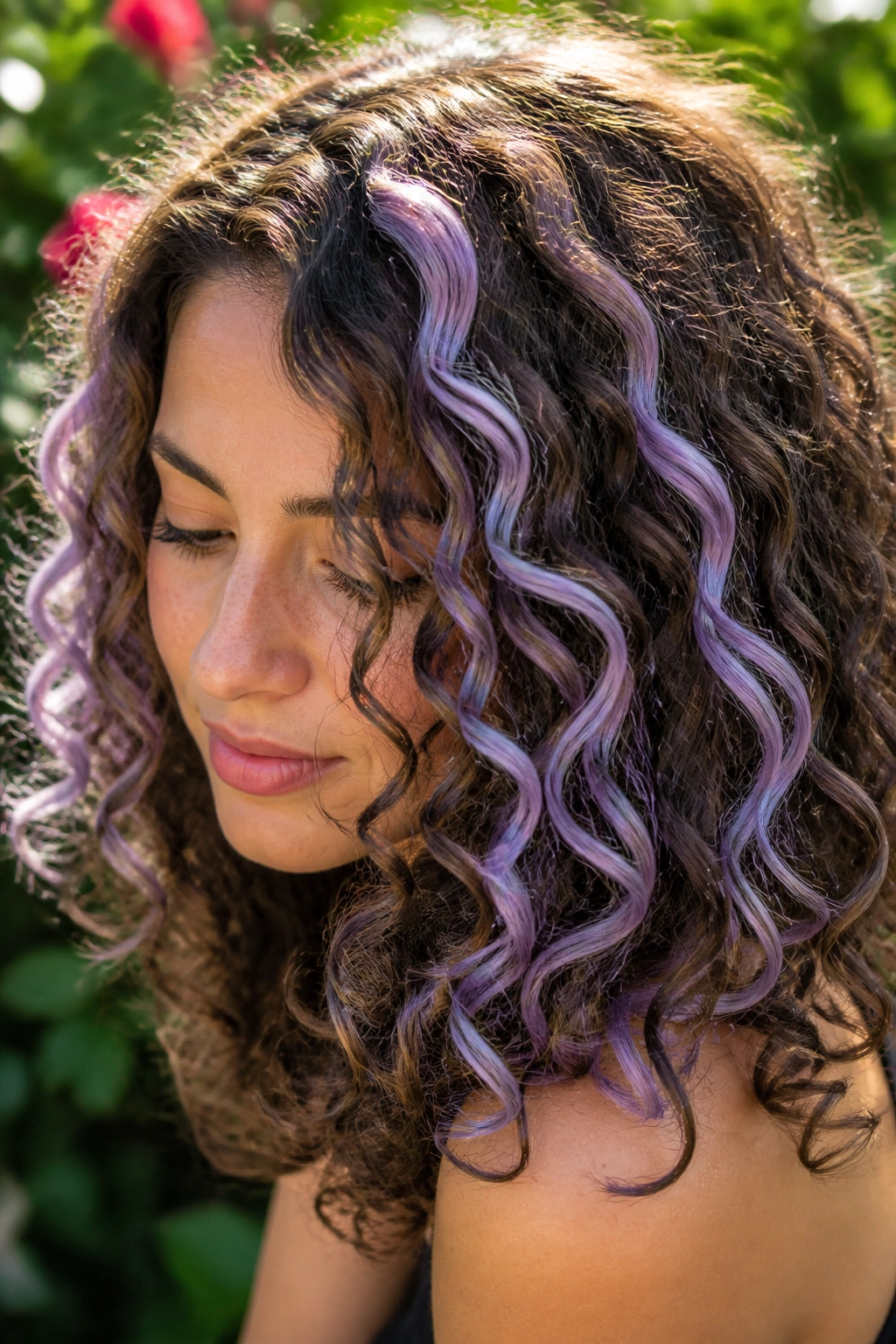 Chunky lilac streaks in curly brown hair