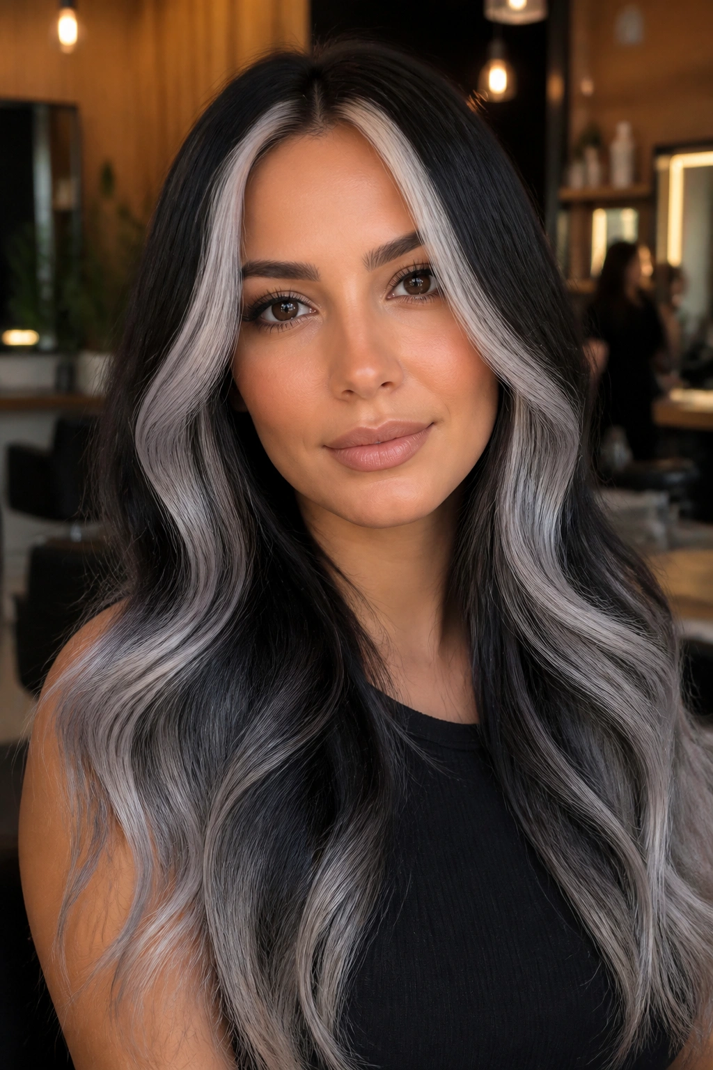 Real woman with bold silver front pieces and a soft fade on the rest of long hair
