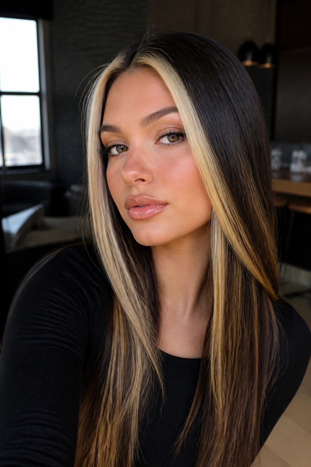Portrait of a real woman with chunky blonde panels framing the face in straight hair.