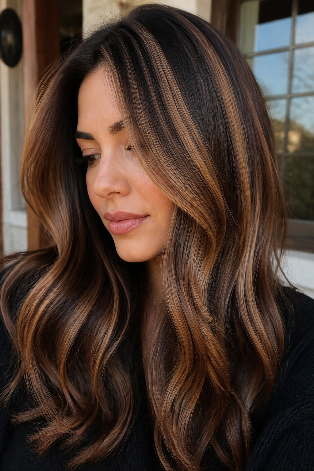 Portrait of brown hair with chunky chocolate panels color blocks