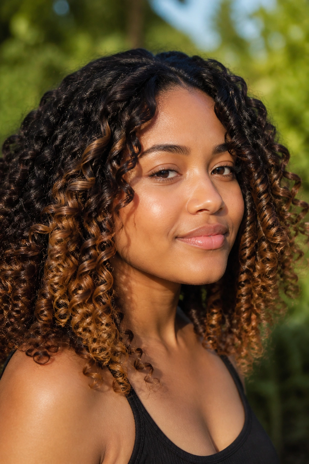 Close-up of a real woman with curly black hair and chunky caramel panels outdoors
